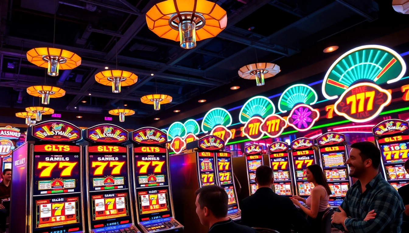 Putaran mesin slot 777 yang menarik di kasino dengan simbol berwarna-warni dan pemain yang bersemangat.