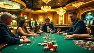 Scène captivante de joueurs à une table de poker dans un casino en ligne fiable, montrant des jetons et un gameplay dynamique.