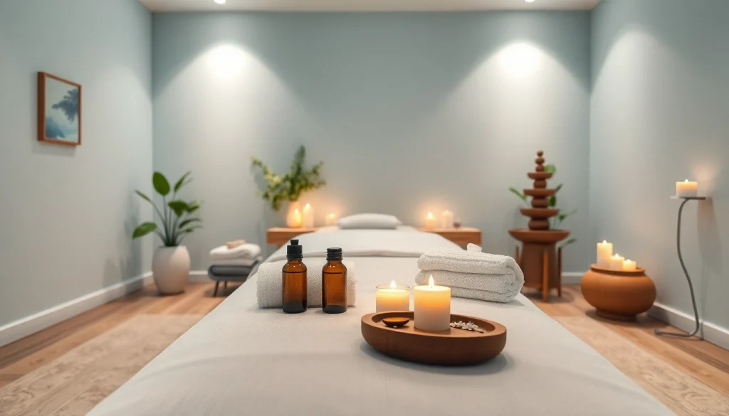 편안한 장식과 초대하는 분위기의 평온한 마사지 치료 스튜디오.