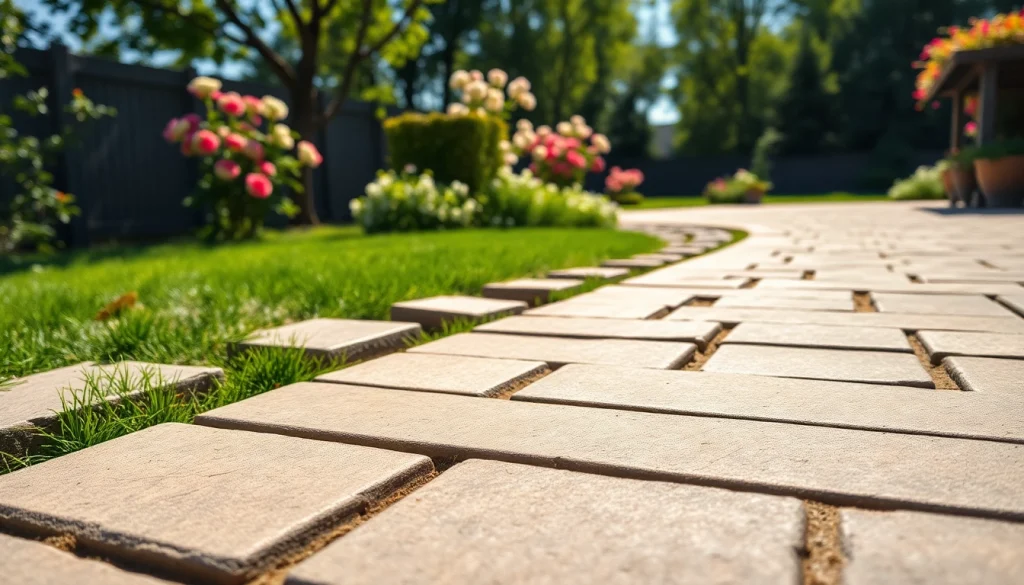Showcasing hardscapes with textured stone tiles and beautiful greenery in a sunny backyard.