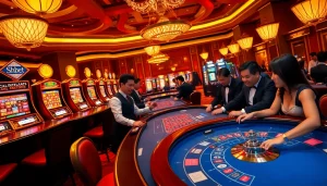 Engaging players at Shbet casino table with colorful chips and slot machines.