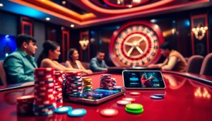Scène passionnante de poker à enjeux élevés dans une ambiance de casino en ligne fiable avec des couleurs vives.