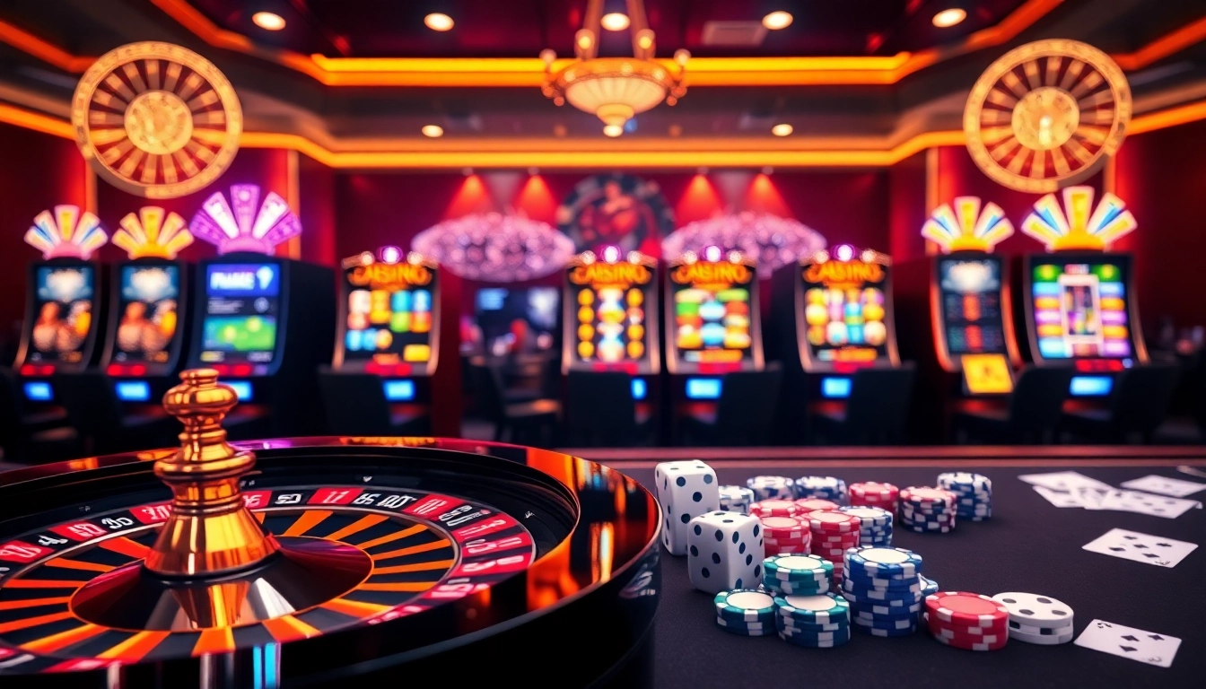 Scène engageante d'une expérience de casino en ligne fiable avec des jetons de poker et des machines à sous.