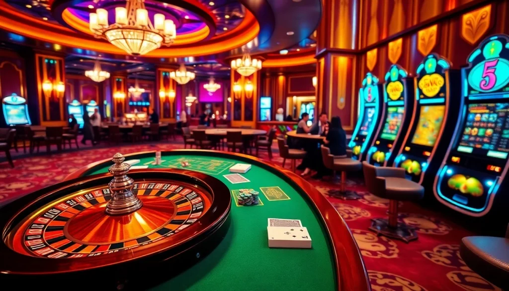Une scène de casino dynamique mettant en avant l'expérience du casino en ligne fiable avec de la roulette et des machines à sous.