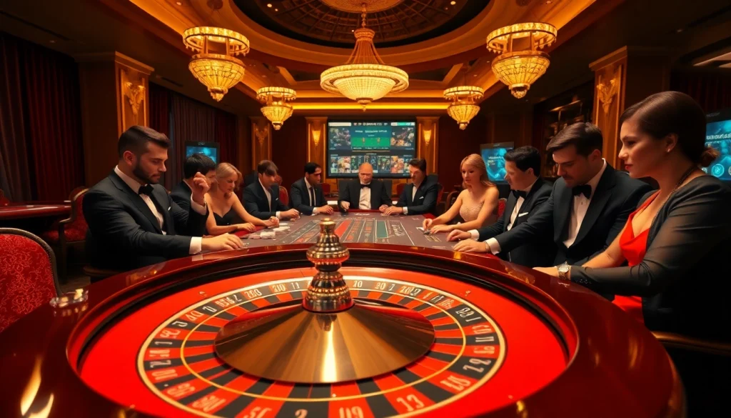 Scène captivante mettant en avant un casino de luxe avec des éléments de roulette et de jeu en ligne soulignant casino en ligne fiable.