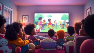 A children’s room filled with excitement, showcasing a scene featuring African American cartoons on the TV screen.
