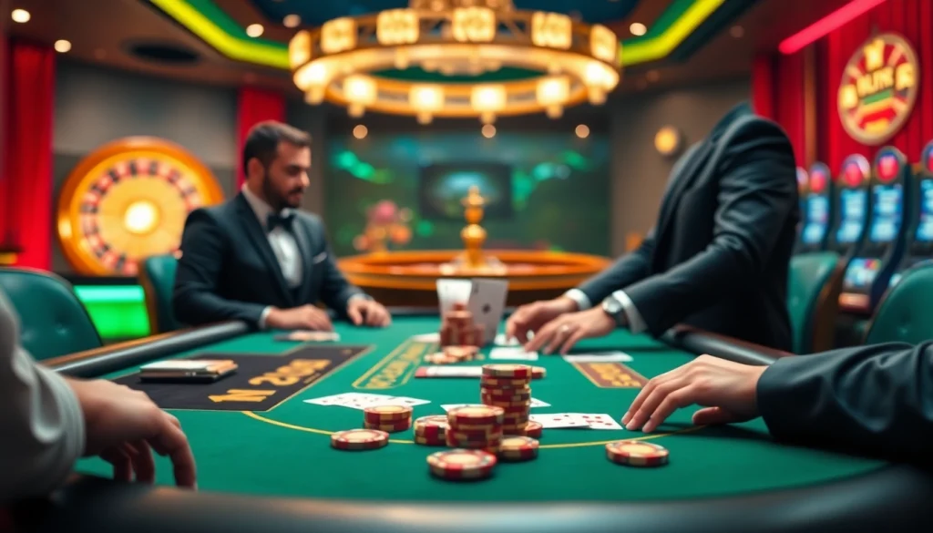 Partie de poker captivante dans un casino en ligne fiable, mettant en valeur l'excitation des enjeux élevés et une atmosphère vivante.