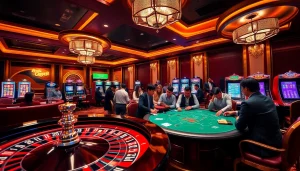 Découvrez une atmosphère de casino vibrante et luxueuse mettant l'accent sur le casino en ligne fiable avec des joueurs engagés autour des tables.