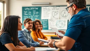 Adults learning certification options in a vibrant classroom environment.