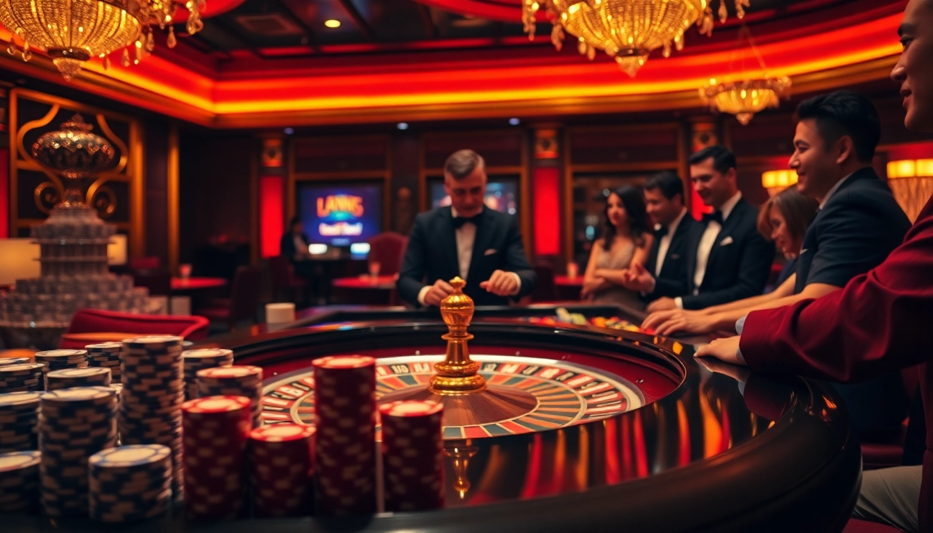 Experience rebahin thrill with players at the roulette table in a glamorous casino.