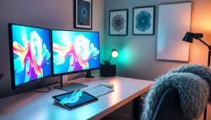 Image to prompt generator workspace with AI visual displays and modern tech.