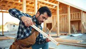 Carpentry apprenticeship hands-on training with expert carpenter measuring wooden beams.