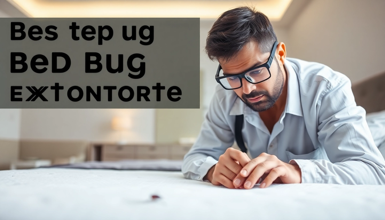 Exterminator performing detailed bed bug extermination services inspection in a cozy bedroom.