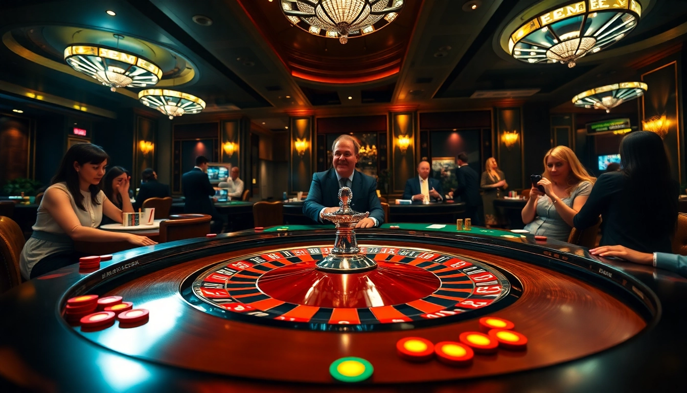 Menyaksikan permainan kasino bbni4d dengan meja roulette dan pemain yang energik.