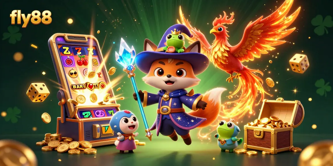 Engage with fly88's fantasy universe featuring a mystical wizard fox amidst slot jackpots and colorful game elements.