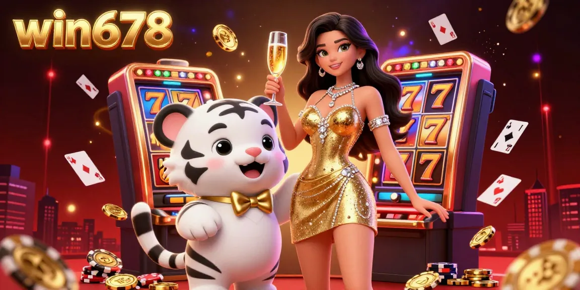 Win678 showcases a glamorous casino scene with an elegant woman and a lucky tiger, capturing the thrill of online gaming.