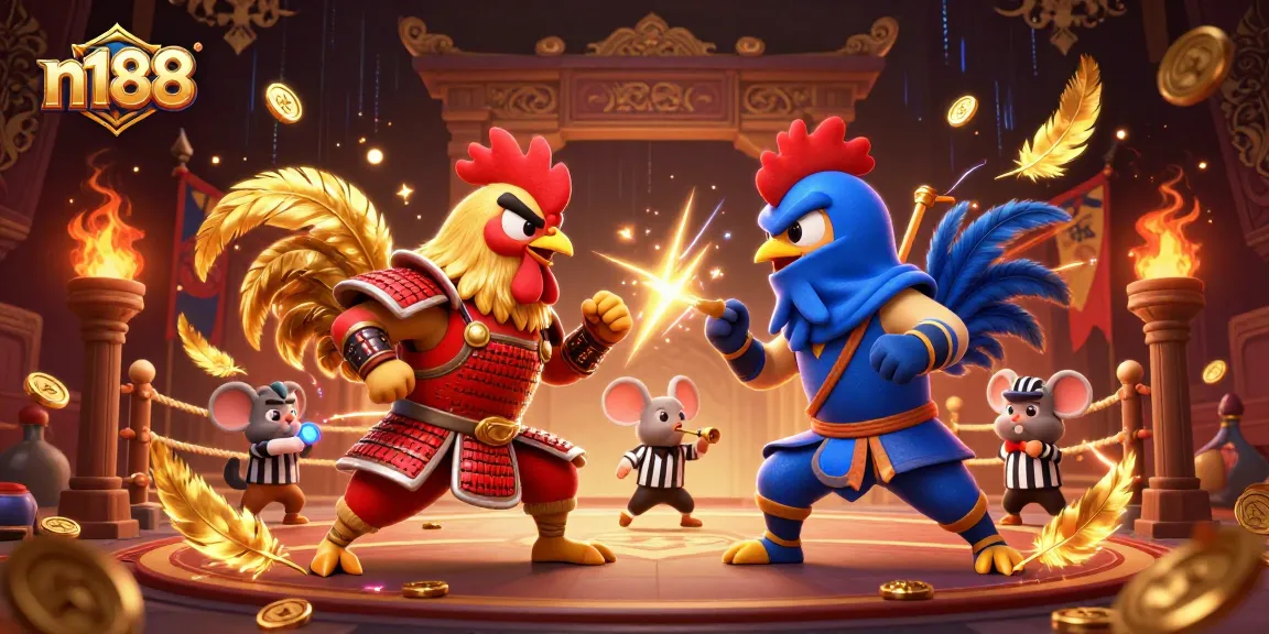 Experience intense clashes of fortune at n188 with cartoon roosters battling amidst a vibrant casino backdrop.