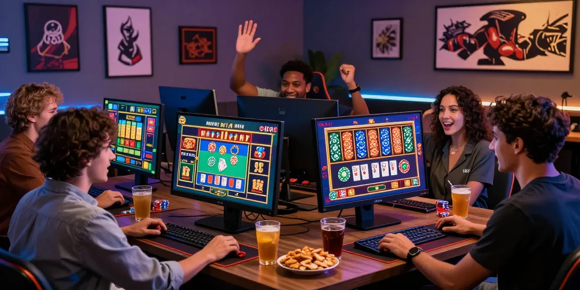 Ambiance de jeu décontractée avec des amis profitant de l'expérience des meilleurs casinos en ligne.
