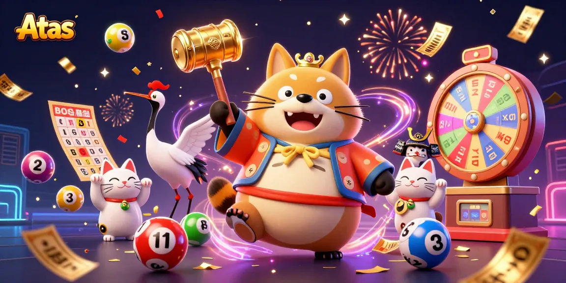 Join the excitement at Atas Casino with cheerful characters and dynamic casino elements in a vibrant scene.