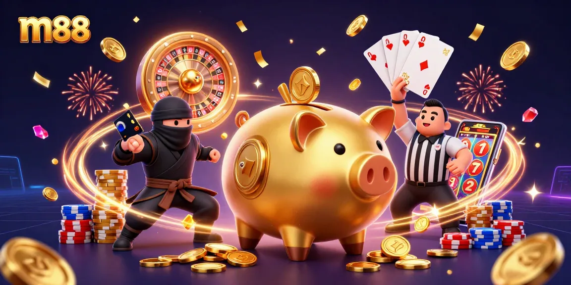 m88 sums up excitement as a golden piggy bank sumo wrestler shakes loose coins in a vibrant casino scene.