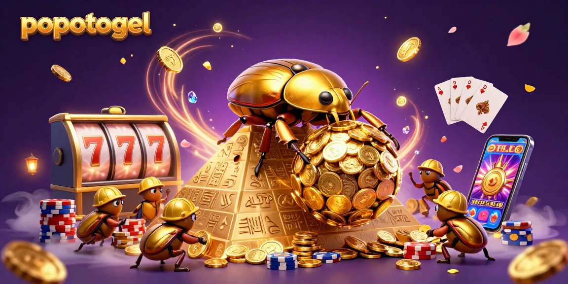 Experience popotogel's excitement with a 3D illustration of a golden dung beetle rolling a coin ball amid vibrant casino elements.