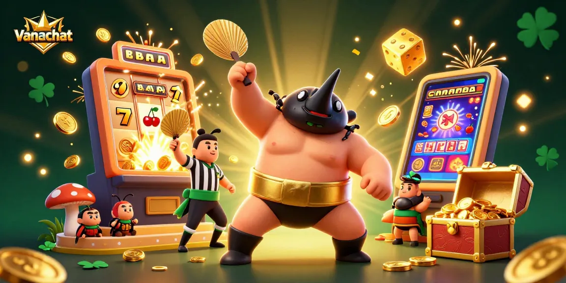 Vanachat promotes winning moments with a cartoon beetle champion amidst gaming excitement.