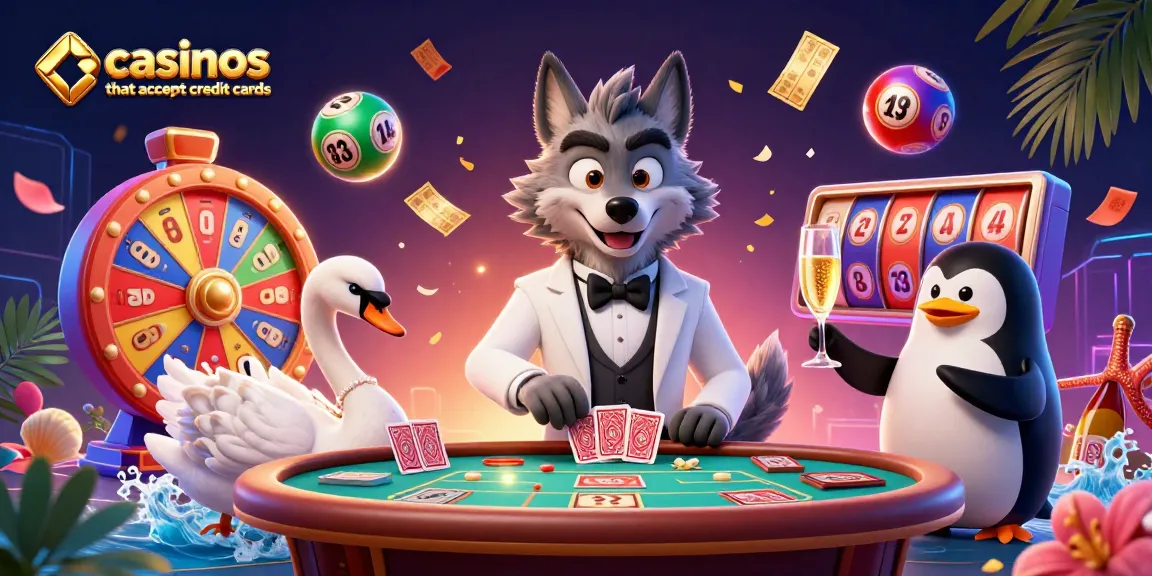 Exciting gaming scene showcasing casinos that accept credit cards with a debonair wolf and elegant characters.