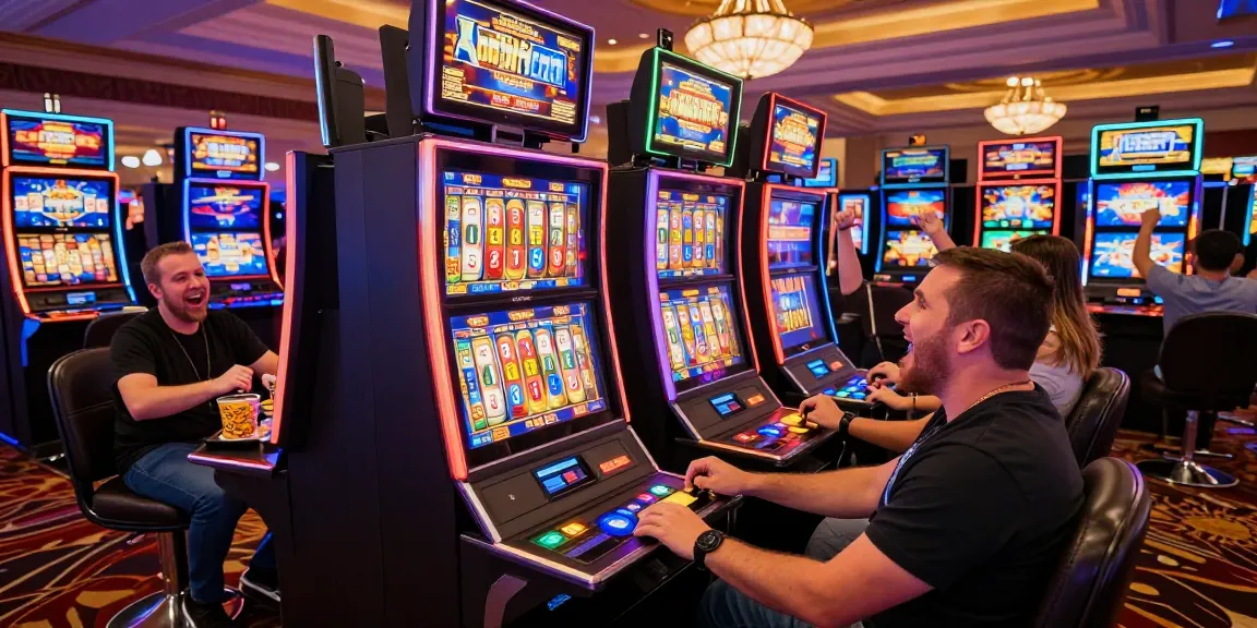 Dynamic slot gaming scene showcasing diverse players in a lively casino environment.