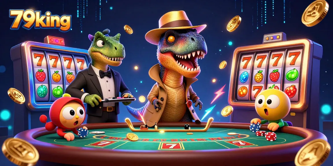 79king illustration of a velociraptor card counter at a blackjack table amidst slot reels and gold coins.