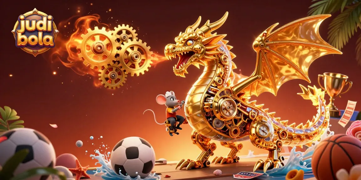 Experience judi bola excitement with 3D illustration of a golden dragon breathing gears, surrounded by sports betting elements.