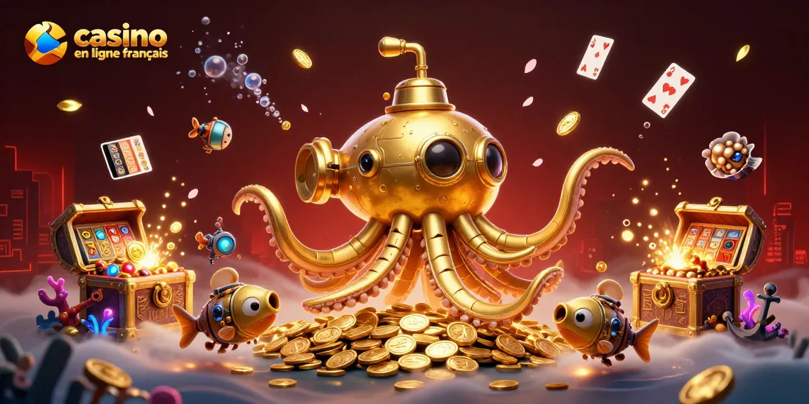Jeu exceptionnel dans un casino en ligne français avec une kraken dorée et des machines à sous.