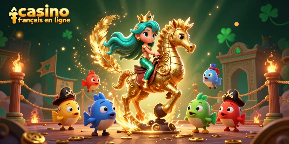 Découvrez le casino français en ligne avec cette illustration remplie de personnages colorés et d'éléments de jeu fascinants.