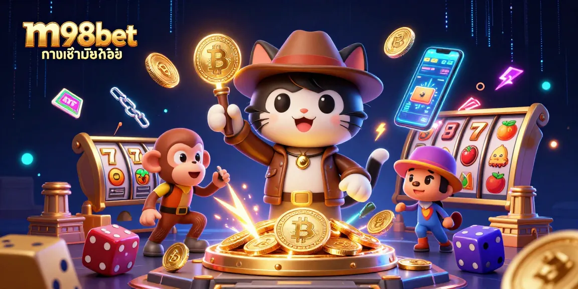 Engage with m98bet ทางเข้ามือถือ while uncovering treasures in a glowing casino scene filled with vibrant digital elements.