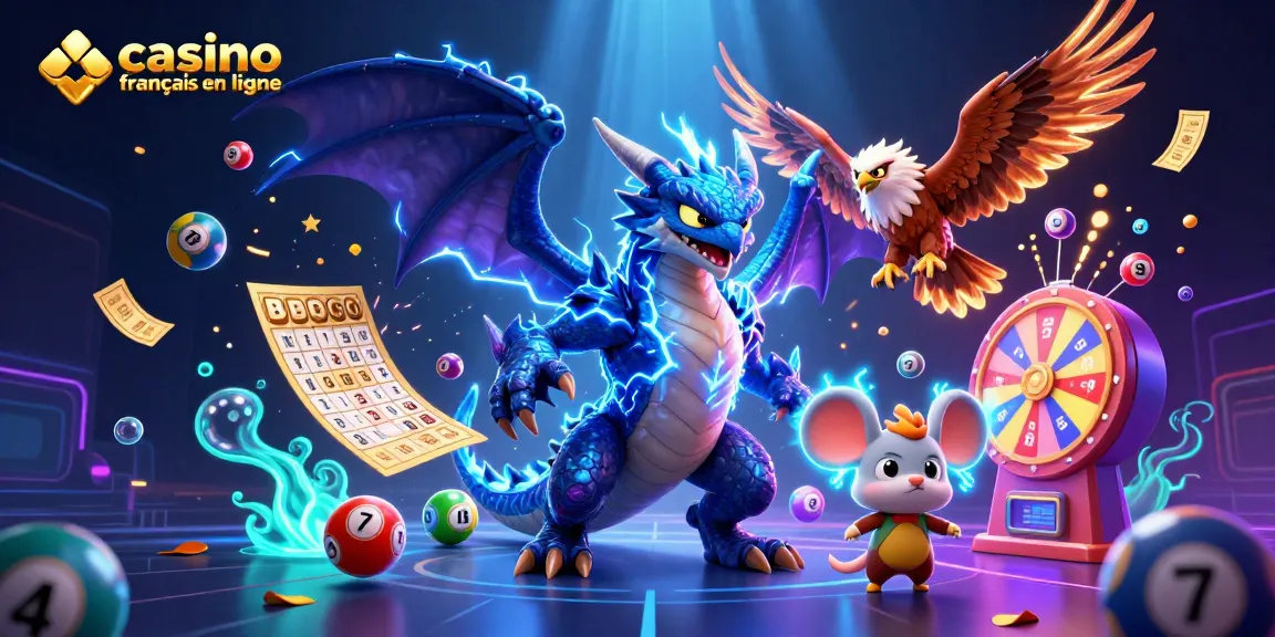Célébrez vos gains au casino francais en ligne avec cette illustration dynamique remplie de jeux et de magie.