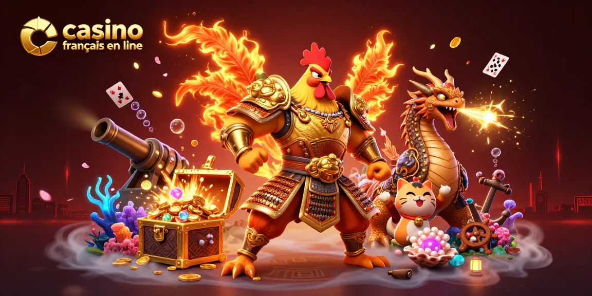 Jouez sur un casino français en ligne avec une illustration dynamique présentant un guerrier coq dans une scène de jeu animée.