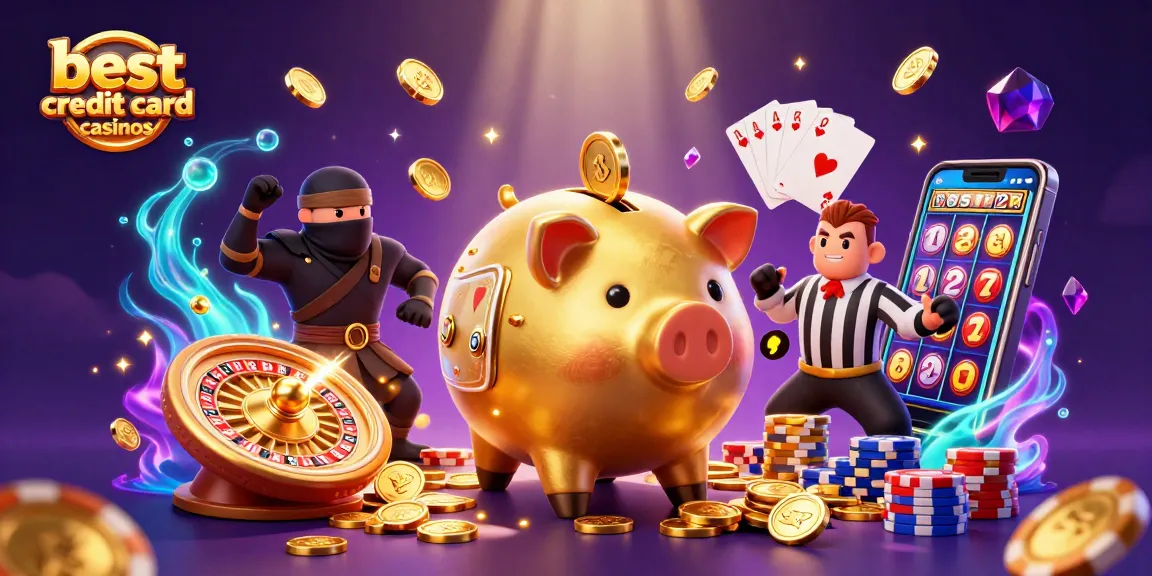 Experience excitement at the best credit card casinos with animated characters and casino elements.