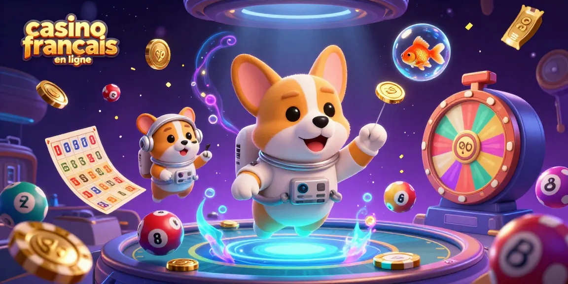 Jouez sur un casino francais en ligne avec un corgi astronaute et des éléments de jeu flottants.