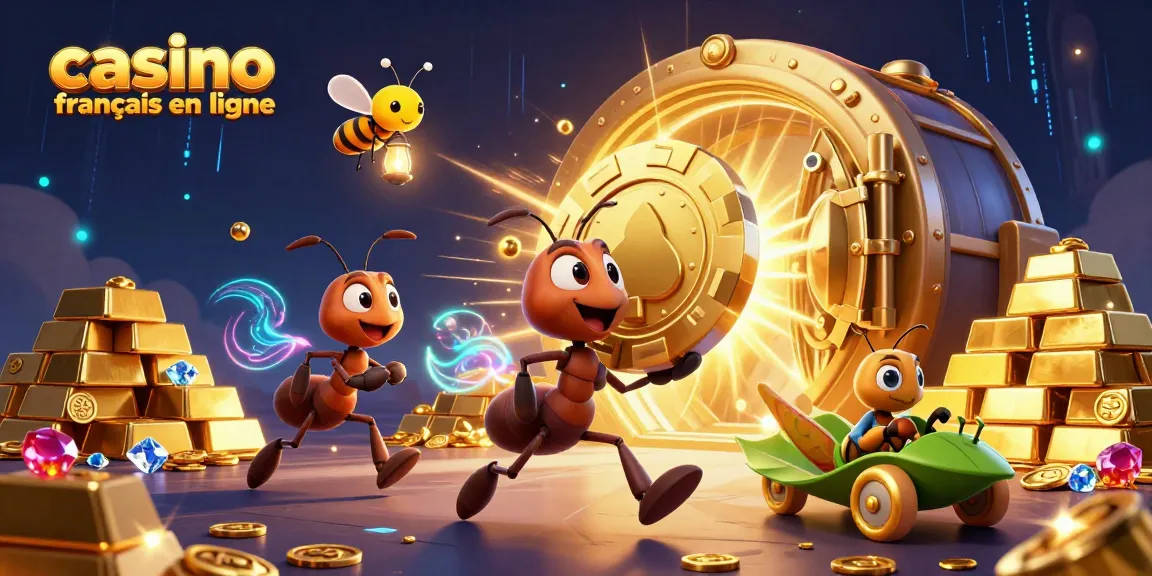 Profitez du casino français en ligne avec une illustration dynamique de fourmis et un jeton de poker doré.