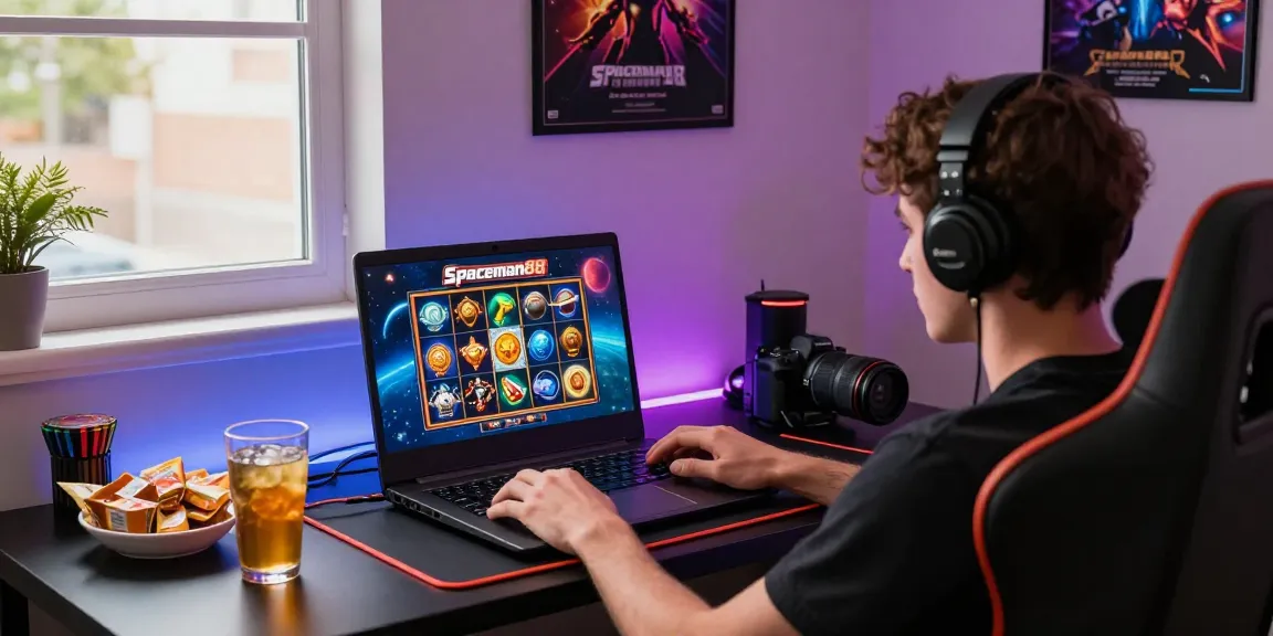 Player immersed in Spaceman88 slot game on laptop, featuring vibrant space graphics and modern gaming setup.