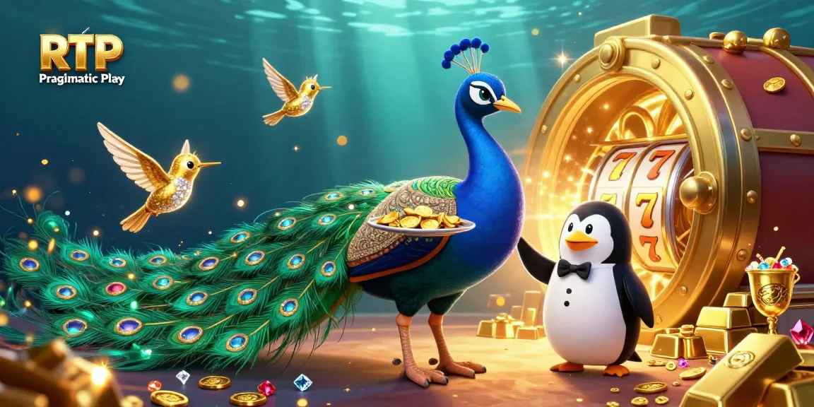 Win with RTP Pragmatic Play insights as aristocratic peacock, butler penguin, and golden hummingbird illuminate a vibrant casino scene.