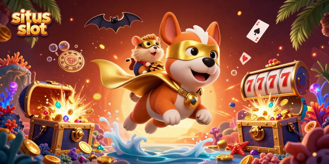 Situs slot scene showcasing a superhero dog and hamster flying with slot reels and poker chips among treasure.