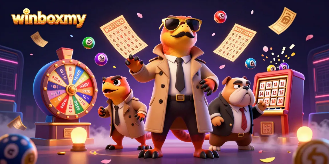 WinboxMY showcases raptors cleverly sneaking into a casino, vibrant lottery balls and visual excitement.