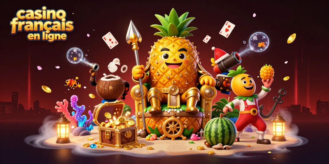 Découvrez le casino français en ligne avec une illustration dynamique de personnages de casino tropicaux et d'éléments de jeu captivants.