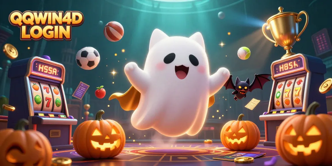 Masuki dunia QQWIN4D LOGIN dengan kucing hantu yang melayang di kasino, dikelilingi simbol slot dan lampu sorot.