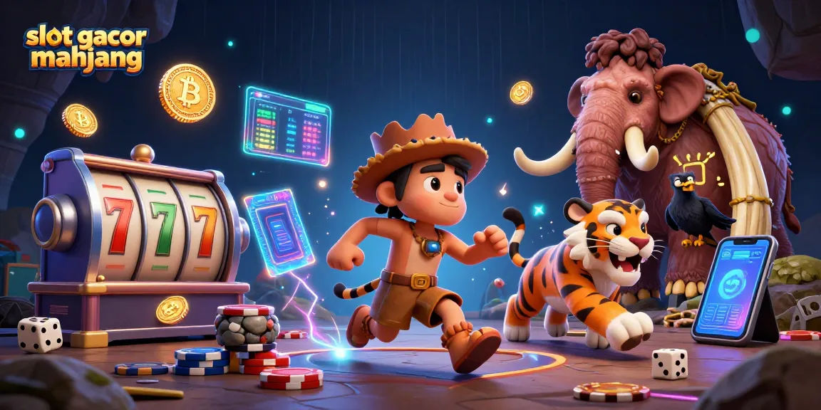 Play slot gacor mahjong while enjoying a vibrant prehistoric casino scene rich with details.