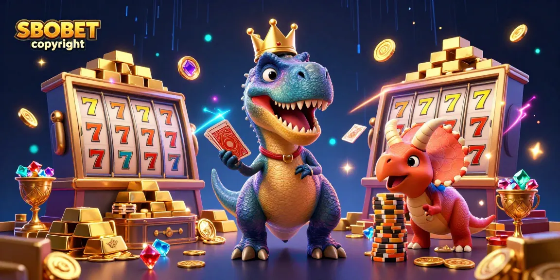 SBOBET copyright showcases a playful T-Rex shuffling cards in a vibrant casino scene filled with gems and slot reels.