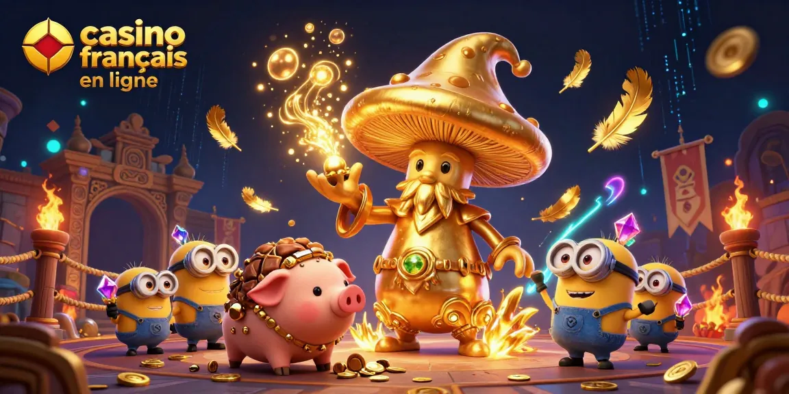 Un immense champignon doré représentant le casino français en ligne, entouré de trésors et de jeux.