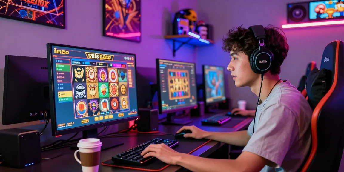Player enjoying situs gacor online slots in a vibrant gaming room atmosphere