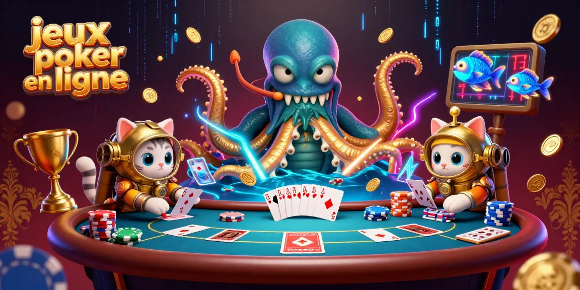 Jouez jeux poker en ligne avec des personnages colorés et des jetons scintillants autour d'une table dynamique.