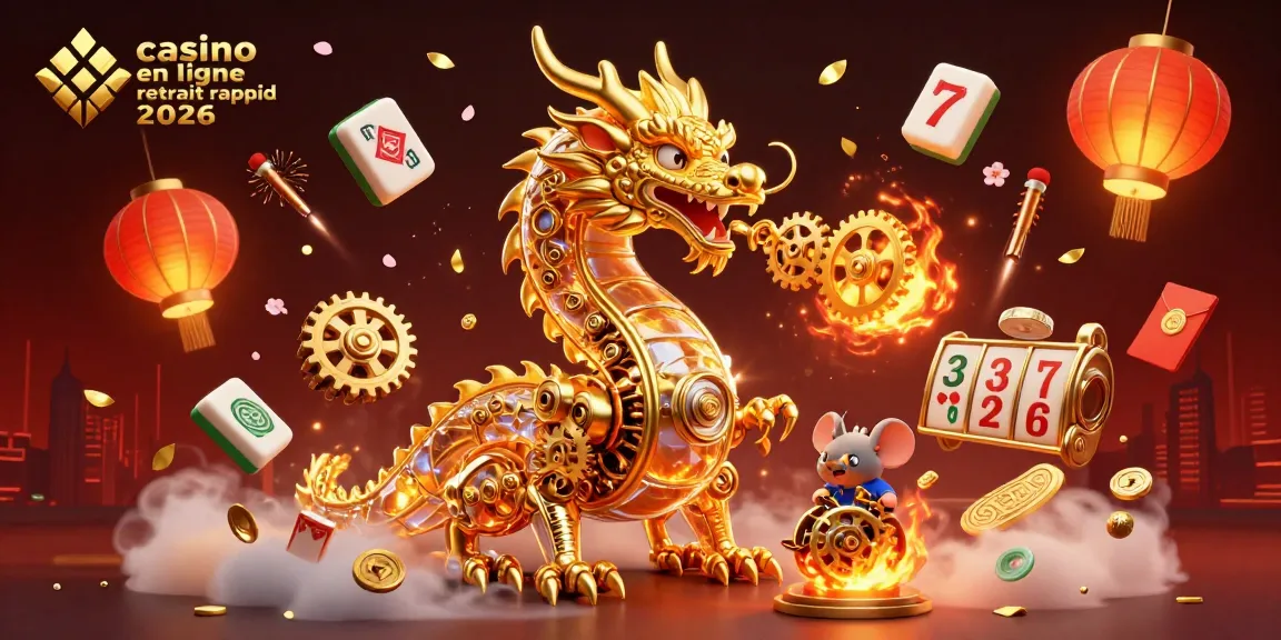 Illustration dynamique de casino en ligne retrait rapide 2026 avec dragon doré et éléments de jeu.